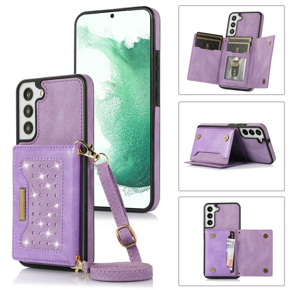 Dteck Case for Samsung Galaxy S22 Plus,Shockproof Leather Bling Gliiter Card Pocket Case Hybrid Rubber Kickstand Cover with Shoulder Strap,Purple