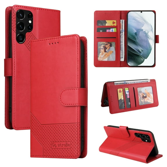Dteck Case for Samsung Galaxy S22 Ultra,Magnetic Leather Card Pocket Wallet Case Shockproof Rubber Kickstand Cover for Galaxy S22 Ultra 5G,Red