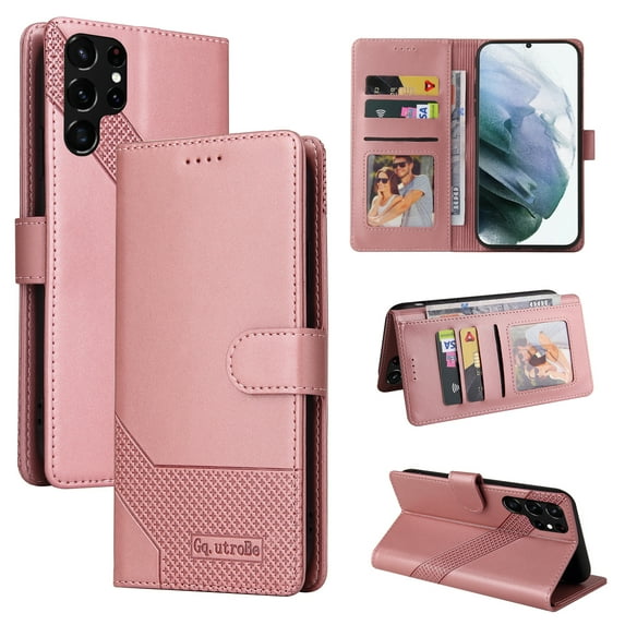 Dteck Case for Samsung Galaxy S22 Ultra,Magnetic Leather Card Pocket Wallet Case Shockproof Rubber Kickstand Cover for Galaxy S22 Ultra 5G,Rosegold