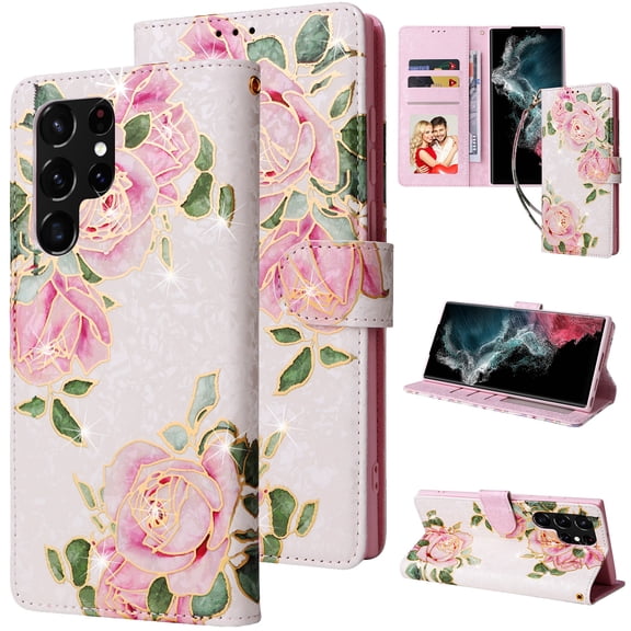 Dteck Case for Samsung Galaxy S22 Ultra with Wristlet Lanyard Strap, Luxury PU Leather Wallet Phone Case with Card Holder Flip Kickstand Cover, Rose