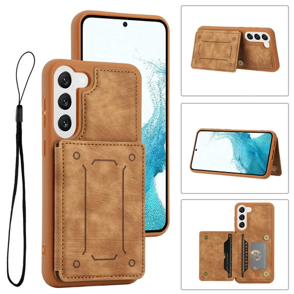 Dteck Case for Samsung Galaxy S23,Magnetic Leather Card Slot Wallet Case Shockproof Rubber Kickstand Cover with Wrist Strap for Galaxy S23,Brown