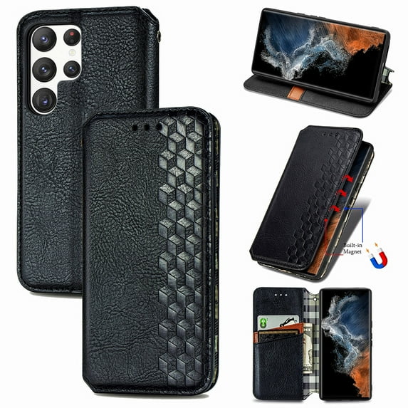 Dteck Case for Samsung Galaxy S23 Ultra,Magnetic Leather Card Slots Wallet Case Hybrid Rubber Shockproof Kickstand Cover for Galaxy S23 Ultra, Black