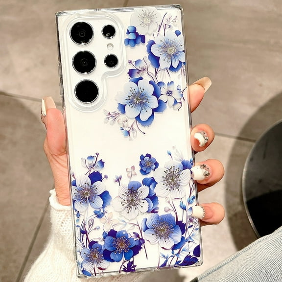 Dteck Case for Samsung Galaxy S24 Ultra Case Clear with Design Slim Protective Soft TPU Bumper Embossed Pattern,Blue Flower