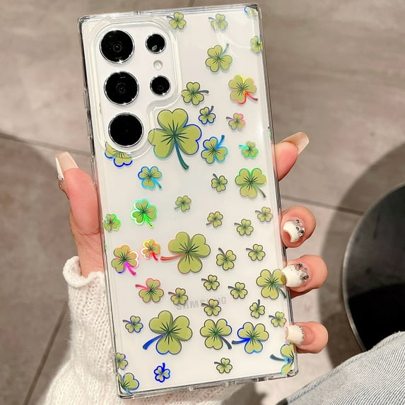 Dteck Case for Samsung Galaxy S24 Ultra Case Clear with Design Slim Protective Soft TPU Bumper Embossed Pattern,Shamrock
