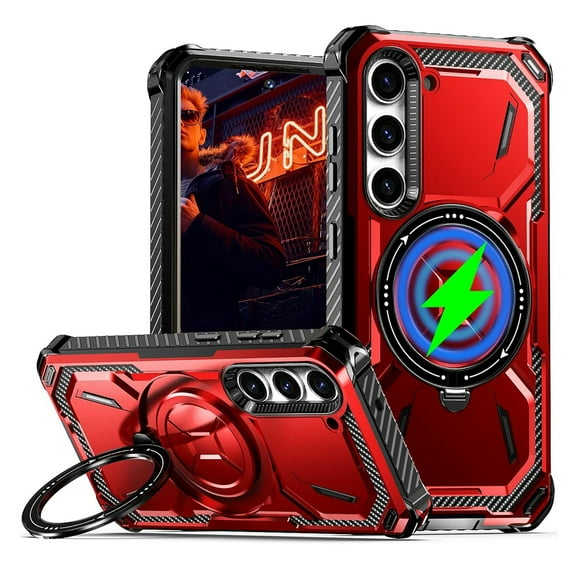 Dteck Case for Samsung Galaxy S25,Magnetic Rubber Compatible with Mag-Safe Case Shockproof Invisible Kickstand Dual Layer Protective Armor Cover,Red