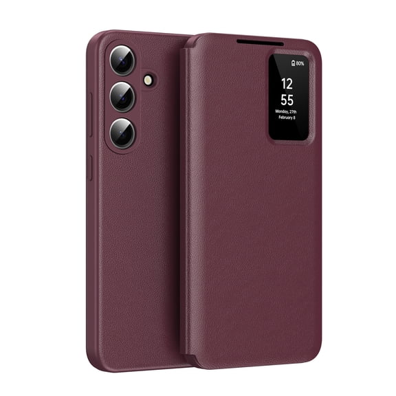 Dteck Case for Samsung Galaxy S26,Smart Viewing Window Case Luxury Business Leather + PC Card Slot Stand Cover for Galaxy S26,Red