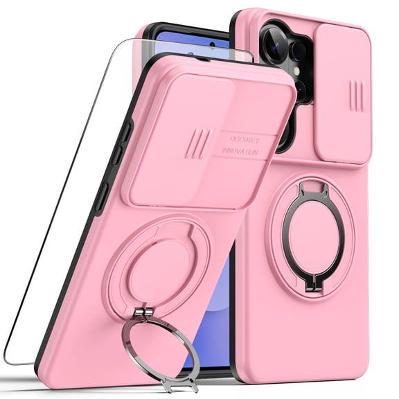 Dteck Case for Samsung Galaxy S26 Ultra with Magnetic Ring Stand Screen Protector Movable Camera Lens Shield Dual Layer Rugged Bumper,Pink