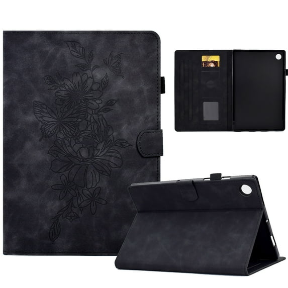 Dteck Case for Samsung Galaxy Tab A8 10.5 X200 X205,Magnetic Leather Flower Pattern Card Slots Smart Case Shockproof Rubber Kickstand Cover,Black