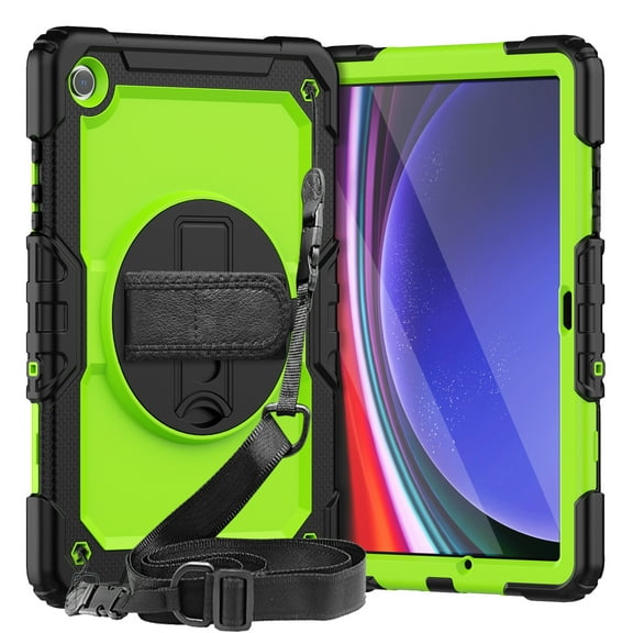 Dteck Case for Samsung Galaxy Tab A9 8.7", Full-Body Drop Protection Case with Screen Protector Rotating Stand Hand/Shoulder Strap, Black+Green