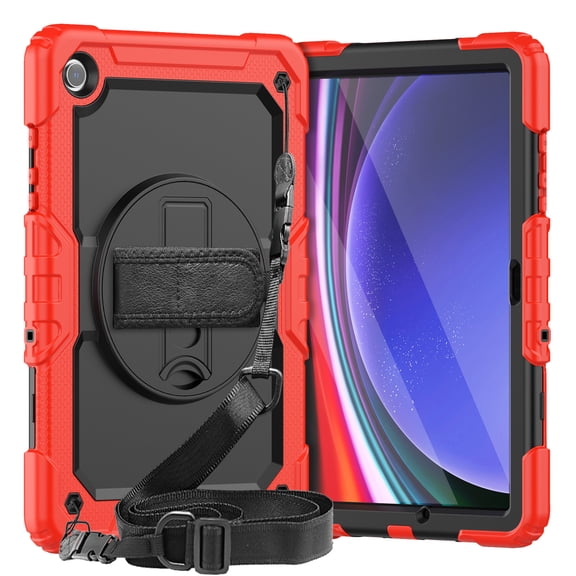 Dteck Case for Samsung Galaxy Tab A9 8.7", Full-Body Drop Protection Case with Screen Protector Rotating Stand Hand/Shoulder Strap, Red+Black