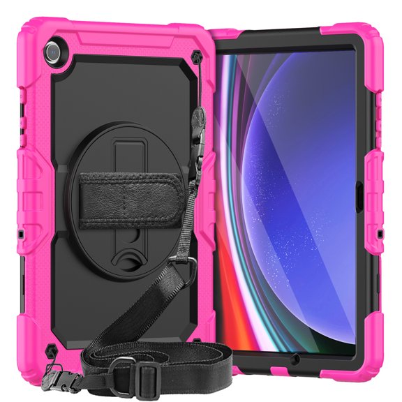 Dteck Case for Samsung Galaxy Tab A9 8.7", Full-Body Drop Protection Case with Screen Protector Rotating Stand Hand/Shoulder Strap, Rose+Black