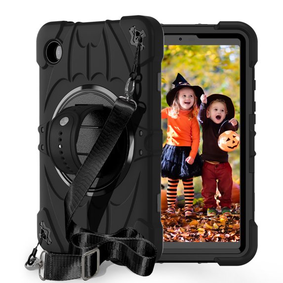 Dteck Case for Samsung Galaxy Tab A9 8.7 Inch, Heavy Duty Shockproof Rugged Case with Rotating Hand Strap Stand Shoulder Strap,Black