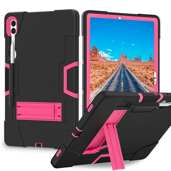 Dteck Case for Samsung Galaxy Tab S9 Plus 12.4" 2023, Heavy Duty Shockproof Rugged Protective Case with Built-in Stand,Black+Rose