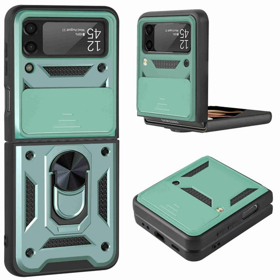 Dteck Case for Samsung Galaxy Z Flip 3 (2021), Galaxy Z Flip 3 5G Case with Slide Cover Protection & Ring Holder Stand/Kickstand Case, Green