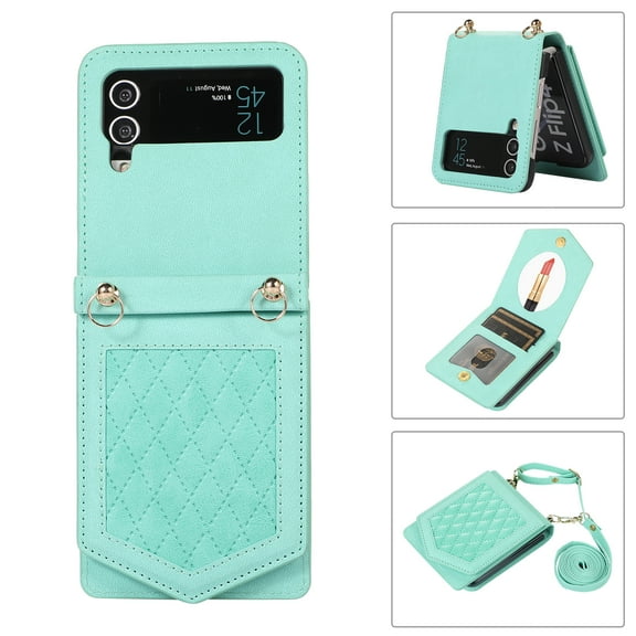 Dteck Case for Samsung Galaxy Z Flip 3 5G,Magnetic Leather Card Slots Wallet Case Shockproof Hard PC Cover with Shoulder Strap,Green