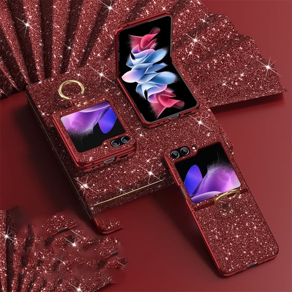 Dteck Case for Samsung Galaxy Z Flip 3,Bling Glitter Plating PC Case Ring Holder Kickstand Cover for Galaxy Z Flip 3 5G,Red