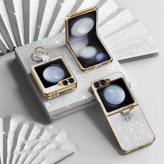 Dteck Case for Samsung Galaxy Z Flip 5,Bling Glitter Plating PC Case Ring Holder Kickstand Cover for Galaxy Z Flip 5 5G,Silver