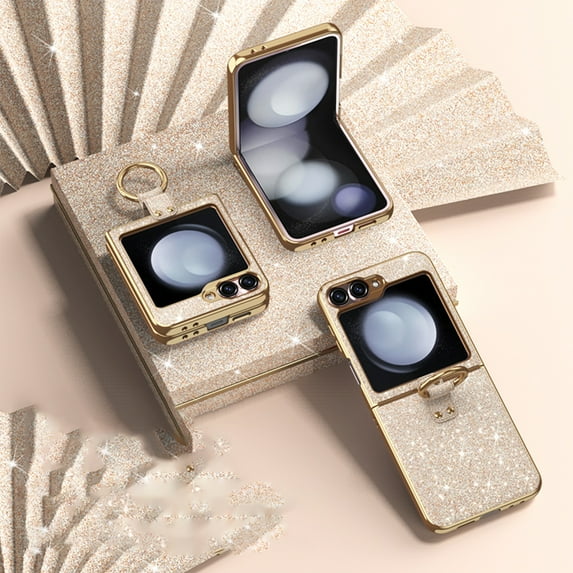 Dteck Case for Samsung Galaxy Z Flip 6,Bling Glitter Plating PC Case Ring Holder Kickstand Cover for Galaxy Z Flip 6 5G,Gold