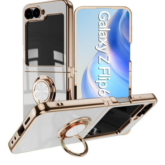 Dteck Case for Samsung Galaxy Z Flip 6 Luxury Plating TPU + PC Slim Case Shockproof Ring Magnetic Stand for Galaxy Z Flip 6 5G 2024,White