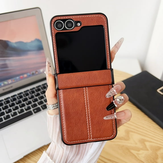 Dteck Case for Samsung Galaxy Z Flip 7,Shockproof Leather Hinge Protection PC Case Slim Cover for Samsung Galaxy Z Flip 7,Brown