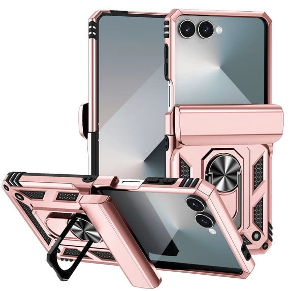 Dteck Case for Samsung Galaxy Z Flip 7,Shockproof PC+TPU Hinge Protection Case Rugged Ring Holder Stand Cover for Galaxy Z Flip 7,Rosegold