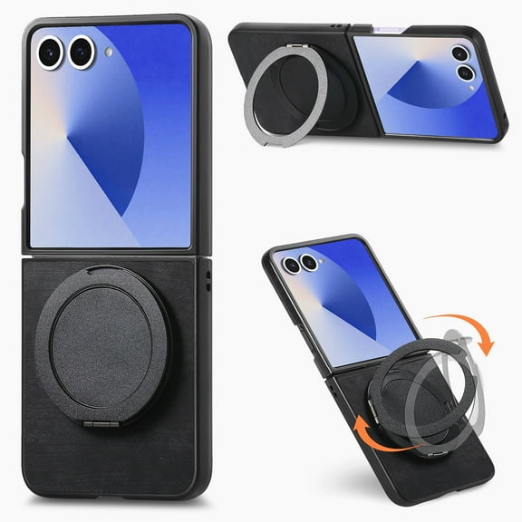 Dteck Case for Samsung Galaxy Z Flip 7 with Ring Kickstand, Shockproof PC+Leather Case Ring Holder Stand Cover for Galaxy Z Flip 7,Black