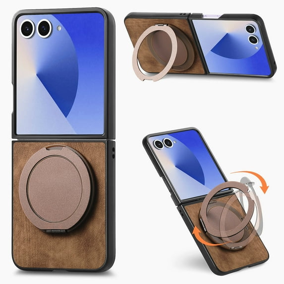 Dteck Case for Samsung Galaxy Z Flip 7 with Ring Kickstand, Shockproof PC+Leather Case Ring Holder Stand Cover for Galaxy Z Flip 7,Brown
