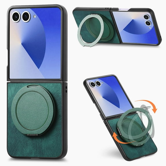 Dteck Case for Samsung Galaxy Z Flip 7 with Ring Kickstand, Shockproof PC+Leather Case Ring Holder Stand Cover for Galaxy Z Flip 7,Green