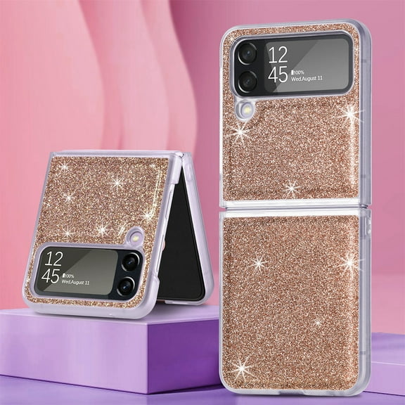 Dteck Case for Samsung Galaxy Z Flip4,Bling Glitter Leather Case Shockproof Hard PC Cover for Galaxy Z Flip4 5G,Gold