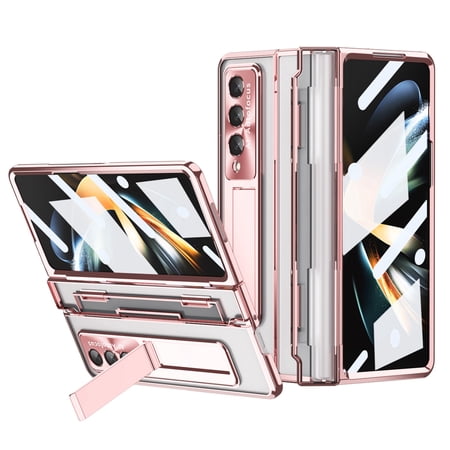 Dteck Case for Samsung Galaxy Z Fold 3 5G,Slim Plating PC Transparent Case Built-in Screen Protector Kickstand Cover,Rosegold