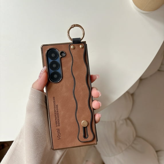 Dteck Case for Samsung Galaxy Z Fold 3,Shockproof Leather+PC Case with Hand Strap/Ring Holder Slim Cover for Samsung Galaxy Z Fold 3,Brown
