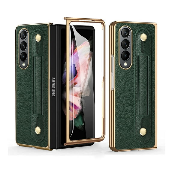 Dteck Case for Samsung Galaxy Z Fold 4,Shockproof PU Leather Built-in Screen Protector Case with Retractable Wristband Slim Cover,Green