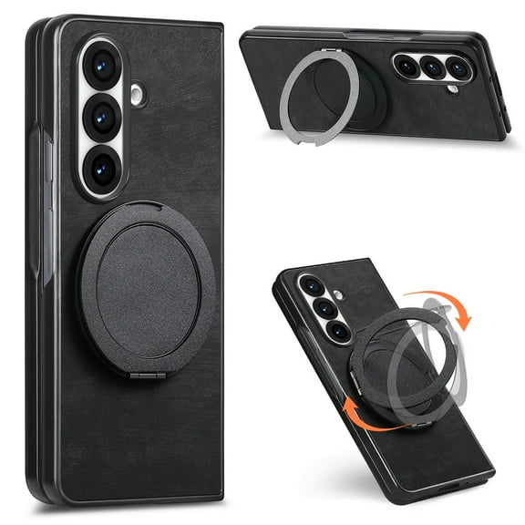 Dteck Case for Samsung Galaxy Z Fold 4 with Ring Kickstand, Shockproof PC+Leather Case Ring Holder Stand Cover for Galaxy Z Fold 4,Black