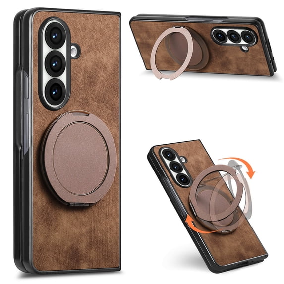Dteck Case for Samsung Galaxy Z Fold 5 with Ring Kickstand, Shockproof PC+Leather Case Ring Holder Stand Cover for Galaxy Z Fold 5,Brown