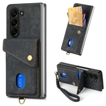 Dteck Case for Samsung Galaxy Z Fold 6 ,Slim Leather Card Wallet Case with Wrist Strap Shockproof Cover for Galaxy Z Fold 6 5G,Black