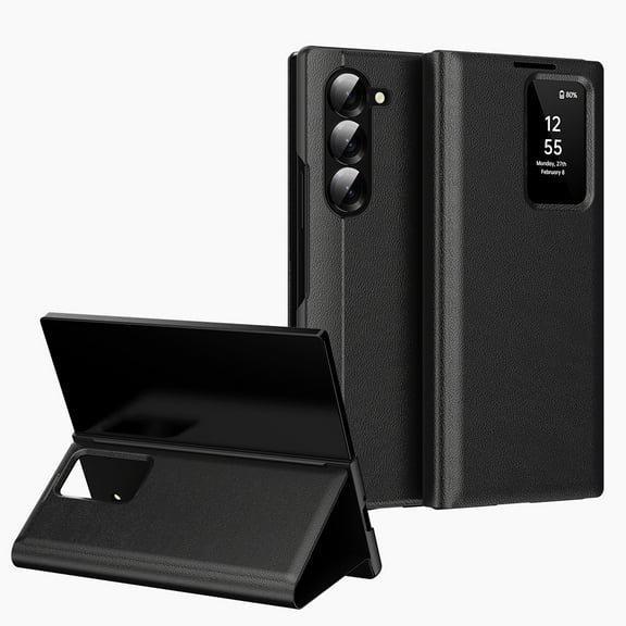 Dteck Case for Samsung Galaxy Z Fold 6,Smart Viewing Window Case Luxury Business Leather + PC Card Slot Stand Cover for Galaxy Z Fold 6,Black