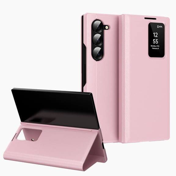 Dteck Case for Samsung Galaxy Z Fold 6,Smart Viewing Window Case Luxury Business Leather + PC Card Slot Stand Cover for Galaxy Z Fold 6,Pink
