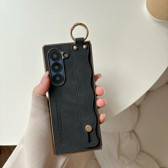 Dteck Case for Samsung Galaxy Z Fold 7,Shockproof Leather+PC Case with Hand Strap/Ring Holder Slim Cover for Samsung Galaxy Z Fold 7,Black