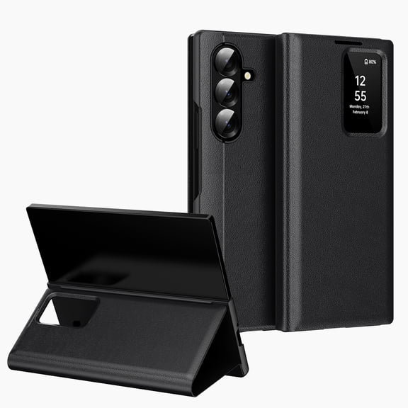 Dteck Case for Samsung Galaxy Z Fold 7,Smart Viewing Window Case Luxury Business Leather + PC Card Slot Stand Cover for Galaxy Z Fold 7,Black