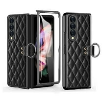 Dteck Case for Samsung Galaxy Z Fold3 5G,Luxury Leather Built-in Screen Protector Hybrid PC Shockproof Ring Holder Cover For Galaxy Z Fold3,Black