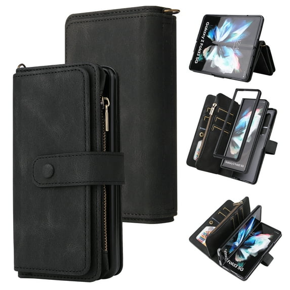Dteck Case for Samsung Galaxy Z Fold4,Heavy Duty Leather 15 Card Slots Wallet Zipper Pocket Case Shockproof PC Kickstand Cover with Wrist Strap,Black
