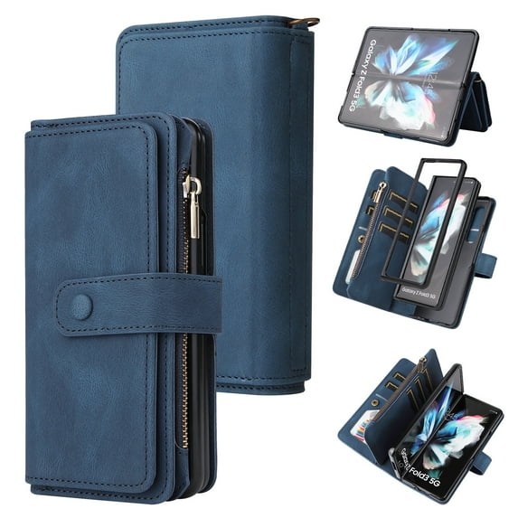 Dteck Case for Samsung Galaxy Z Fold4,Heavy Duty Leather 15 Card Slots Wallet Zipper Pocket Case Shockproof PC Kickstand Cover with Wrist Strap,Blue