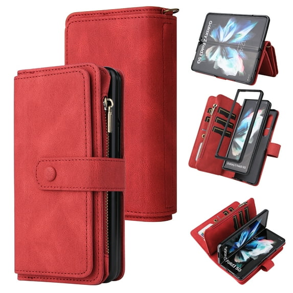 Dteck Case for Samsung Galaxy Z Fold4,Heavy Duty Leather 15 Card Slots Wallet Zipper Pocket Case Shockproof PC Kickstand Cover with Wrist Strap,Red