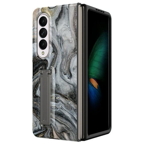 Dteck Case for Samsung Galaxy Z Fold4,Shockproof Marble Patttern Case Slim with Built-in Screen Protector Kickstand Cover,Black