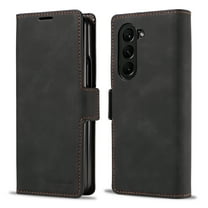 Dteck Case for Samsung Galaxy Z Fold5,Magnetic Leather Case Shockporof Hard PC Bumper Kickstand Cover Built-in Card/Cash Pocket,Black