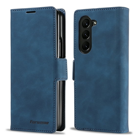 Dteck Case for Samsung Galaxy Z Fold5,Magnetic Leather Case Shockporof Hard PC Bumper Kickstand Cover Built-in Card/Cash Pocket,Blue