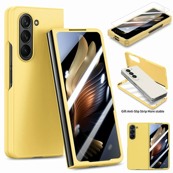 Dteck Case for Samsung Galaxy Z Fold5, Slim Full Body with Front Tempered Glass Screen Protector Case Shockproof Hard PC Cover, Yellow