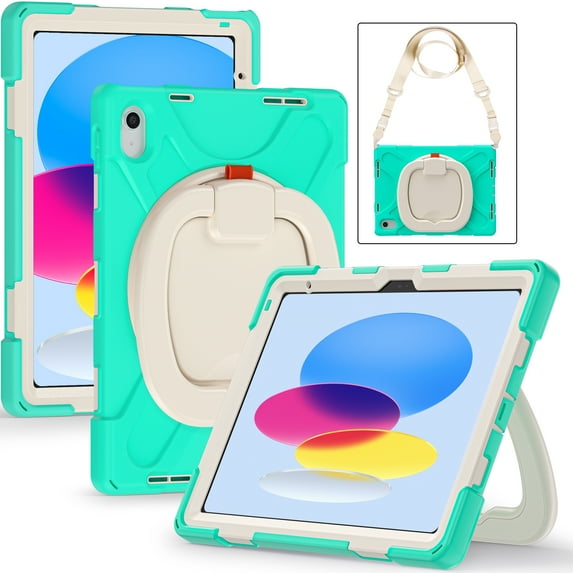 Dteck Case for iPad 10th Generation 2022 with Adjustable Shoulder Strap Heavy Duty Hybrid Shockproof Rotatable Kickstand Hand Strap Rugged Case,Mint