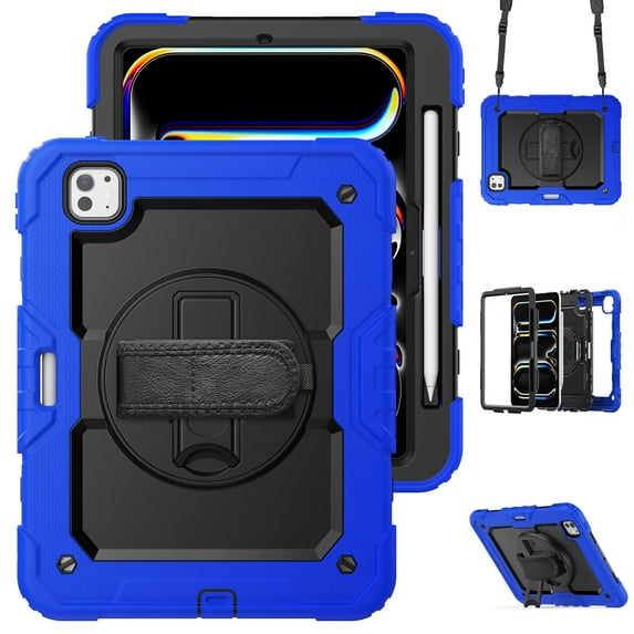 Dteck Case for iPad M4 Pro 11 Case 2024, Shockproof with Screen Protector/Swivel Kickstand/Hand Strap/Pencil Holder Shoulder Strap Rugged Cover,Blue