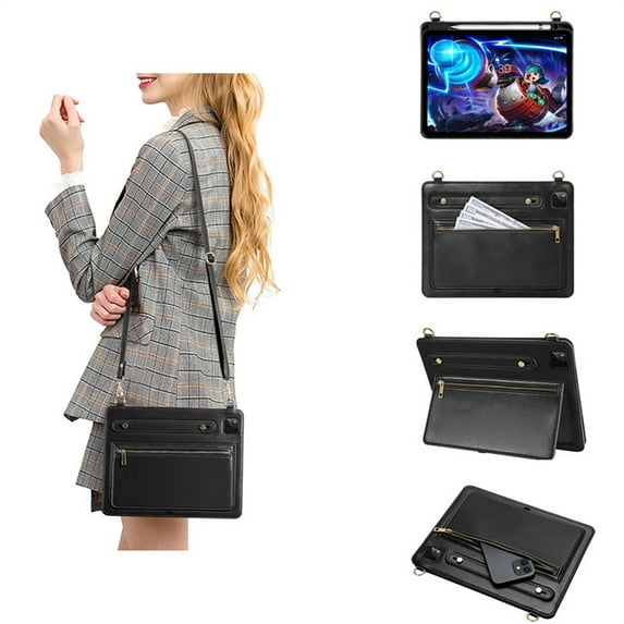 Dteck Case for iPad Pro 11 Inch 2024 M4 with Pencil Holder Pocket, Business PU Leather Crossbody Strap Handbag Case,Black